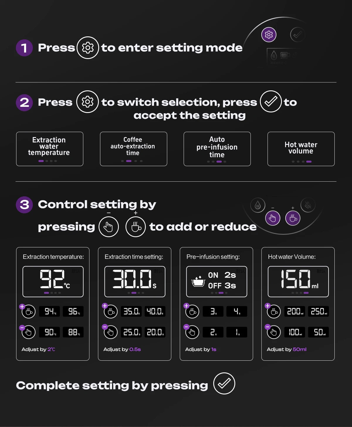 Digital display instructions for coffee maker showing temperature, extraction time, pre-infusion, and hot water settings.