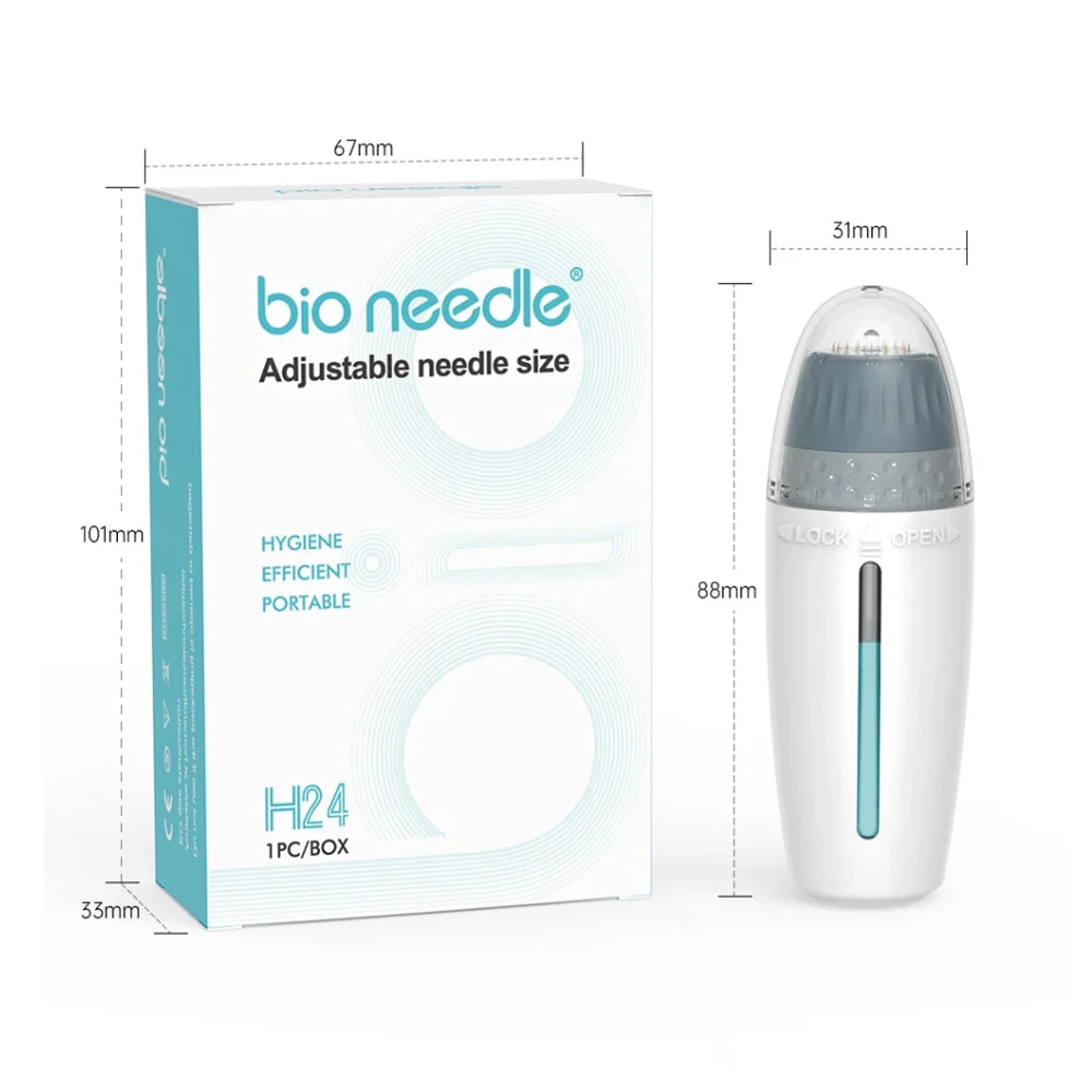 BIO H24 adjustable microneedle derma stamp and skin hydration device with white packaging and dimensions.