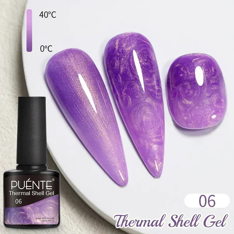 Thermal shell gel polish in bright purple with a shimmery finish, displayed on three nail tips with a color guide.