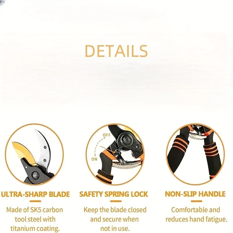 Pruning shears feature diagrams showing curved gold blade with safety lock and grip