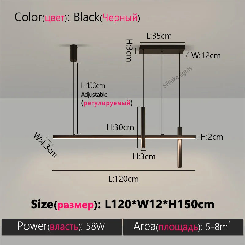 Linear LED Chandelier for Dining Room - Modern Dimmable Pendant Light Black L120cm Tidesmit