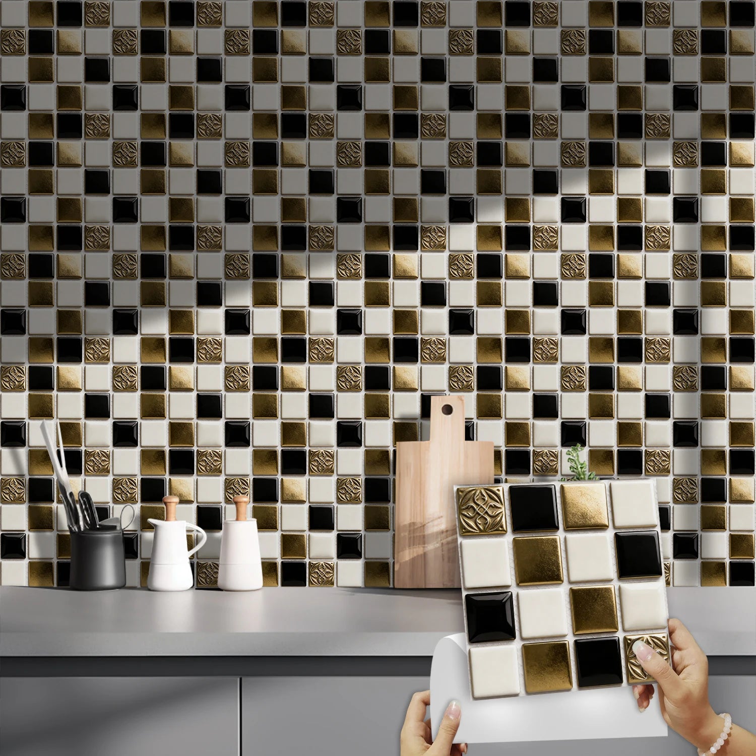 10pcs Flat Mosaic Tiles Sticker Set Kitchen Bathroom Wall Decals Gloss Waterproof Film 2D Surface Cover Transfers for Home Decor