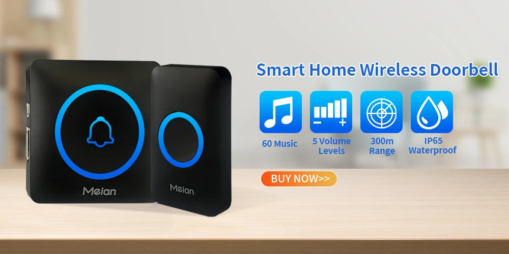 Meian IP65 Waterproof Wireless Doorbell Smart Home Outdoor Door Bell 60 Ringtone 5 Volume Adjustable LED Flash Smart Door Bell