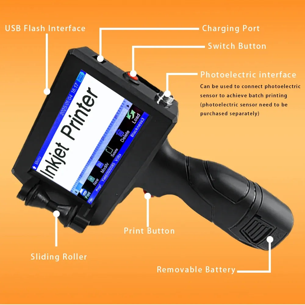 Handheld inkjet printer with USB flash interface and sliding roller near the print head