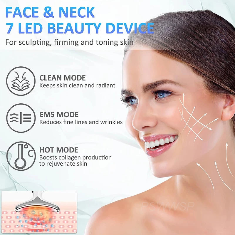 White handheld 7 LED face and neck beauty device for skin sculpting, firming, and toning.