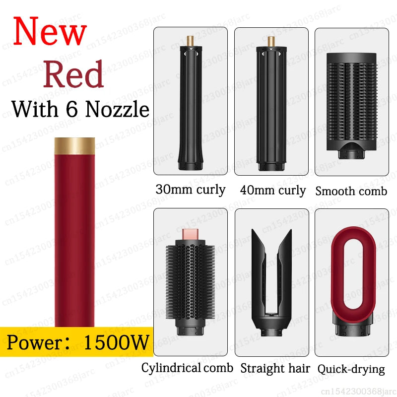 SenCiciMen X9 1500W red hair styler set with 6 interchangeable attachments for curling, drying, and smoothing.