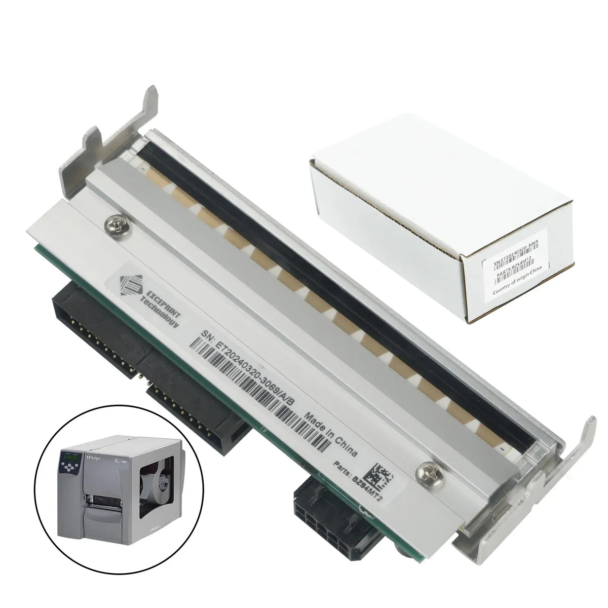 Thermal printhead with barcode label and ribbon window, shown with printer reference icon