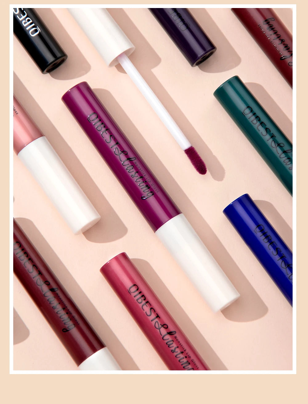 QIBEST long-lasting velvet liquid lipstick collection featuring assorted colorful matte nonstick lip gloss tubes.