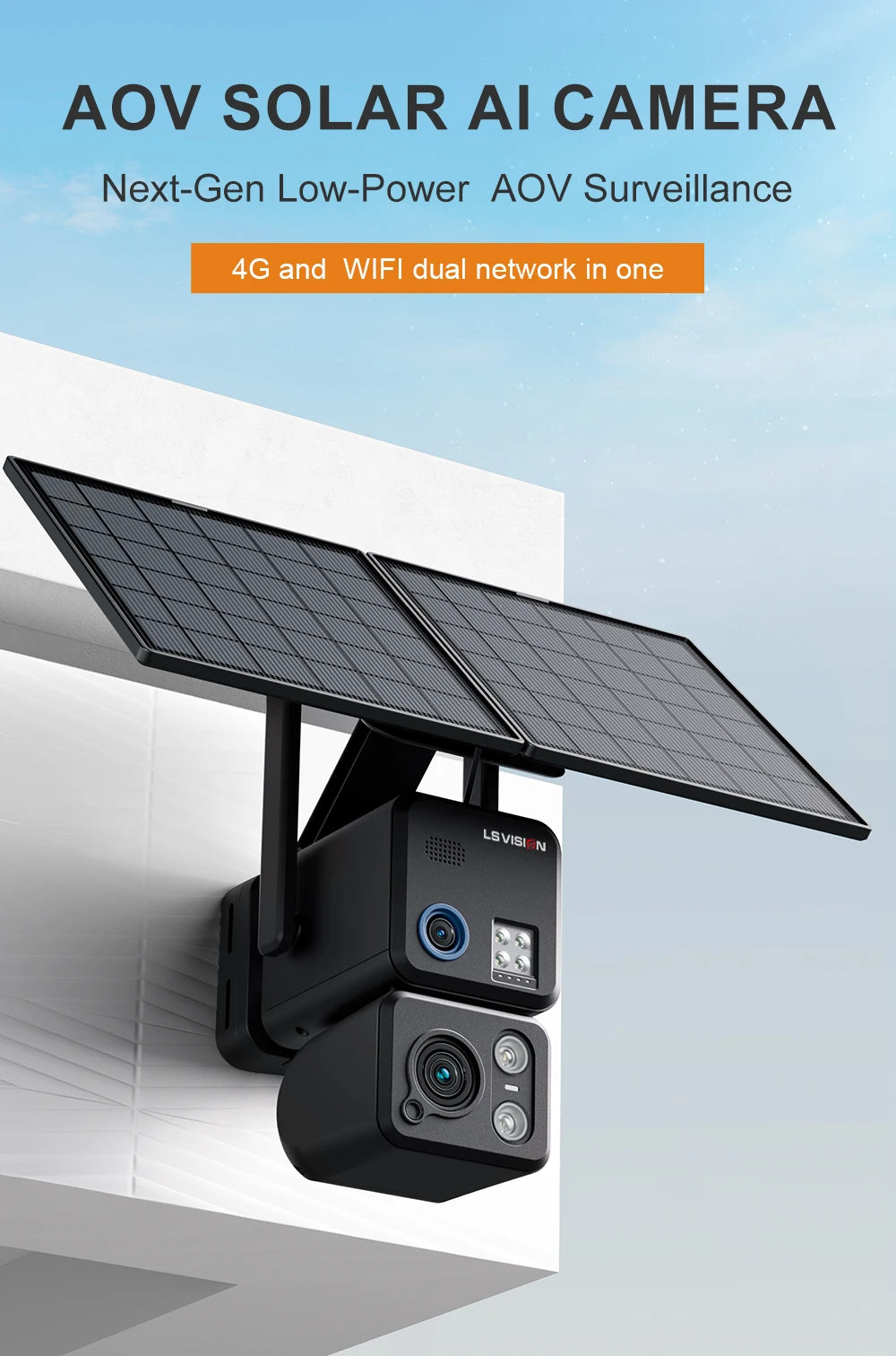 LS VISION 24/7 Recording 4g Sim &Wifi Security Camera Outdoor AOV 20 Watt Solar Panel Cctv AI Detection Cam For Villas Estates