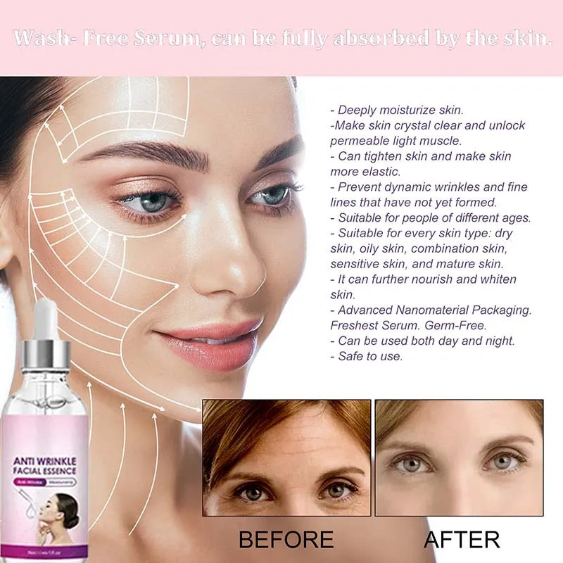 Anti-wrinkle facial essence serum in a clear dropper bottle for skin tightening, firming, and moisturizing skincare.