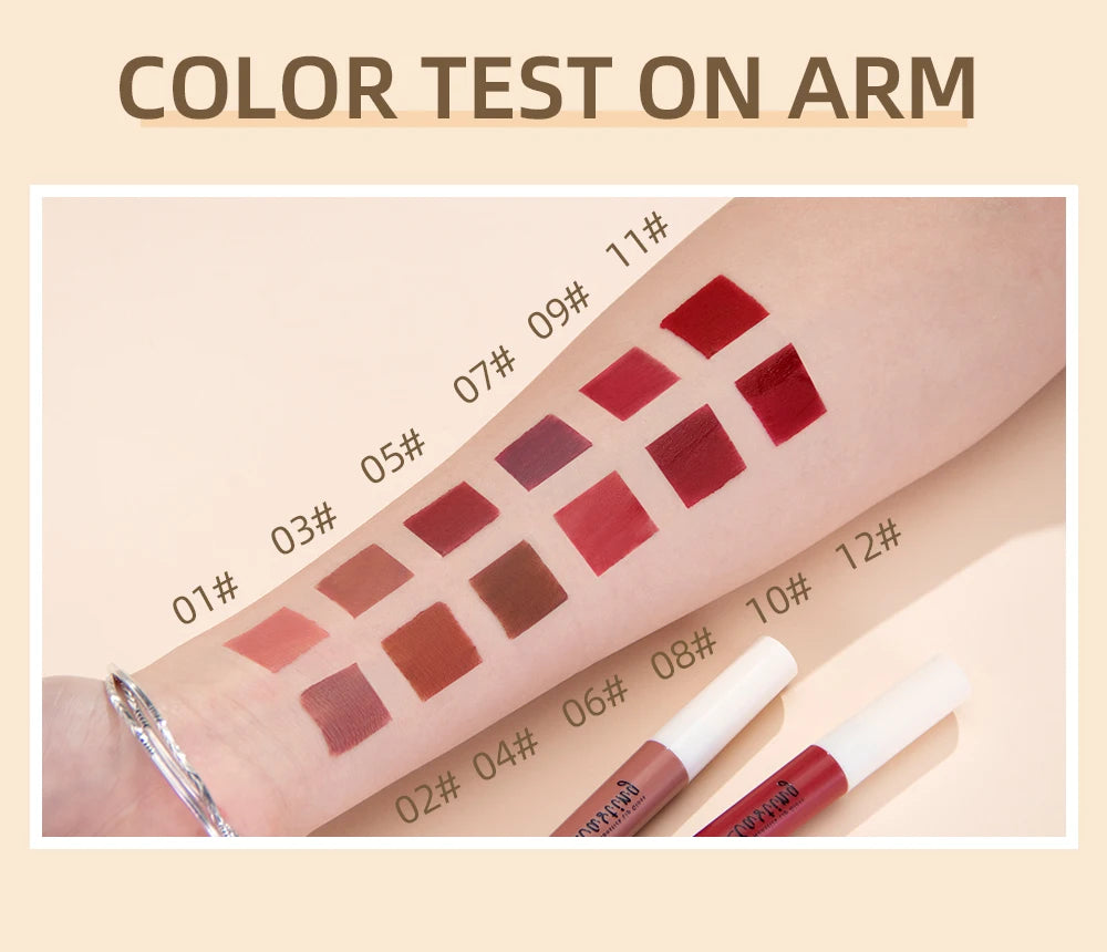 Arm swatch of 12 velvet matte liquid lipstick shades ranging from nude to red, showcasing long-lasting lip stain colors.