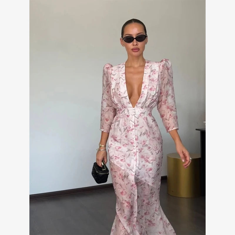 Fashion Sexy Organza Floral Printed Maxi Dress V-neck Puff Sleeve 2026 New Summer Romantic Women Party Gown Elegant Lady Vestido
