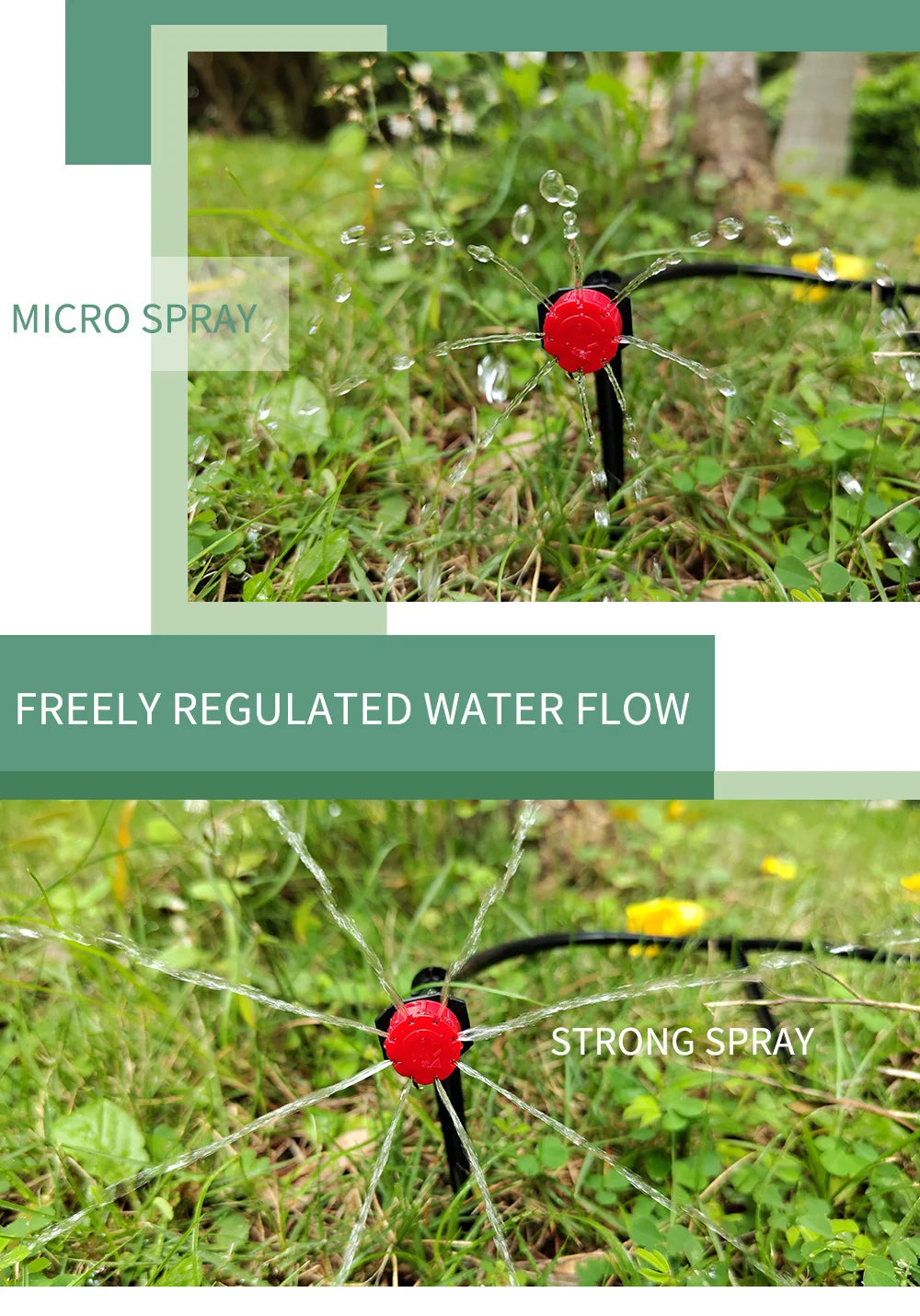 Micro drip irrigation sprayer head with adjustable nozzle on green grass