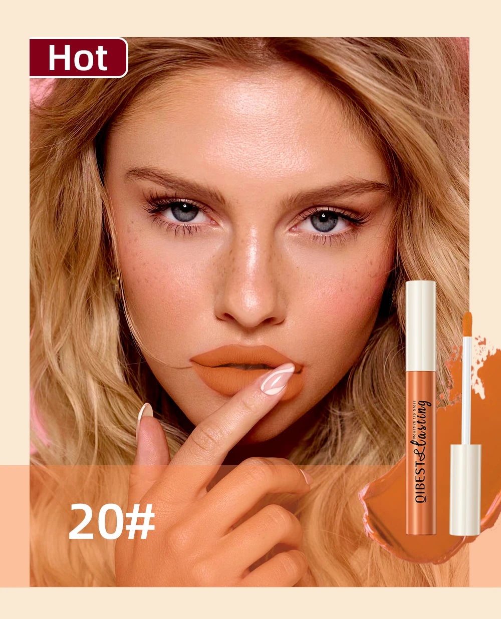 QIBEST long-lasting velvet matte liquid lipstick in shade 20#, a nonstick orange-red lip makeup with applicator.