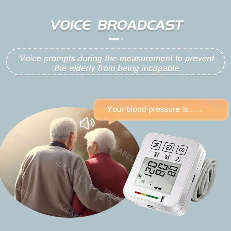 Smart LCD Screen English Voice Broadcast Wrist Blood Pressure Monitor Digital Automatic BP Tonometer Heart Rate Sphygmomanometer
