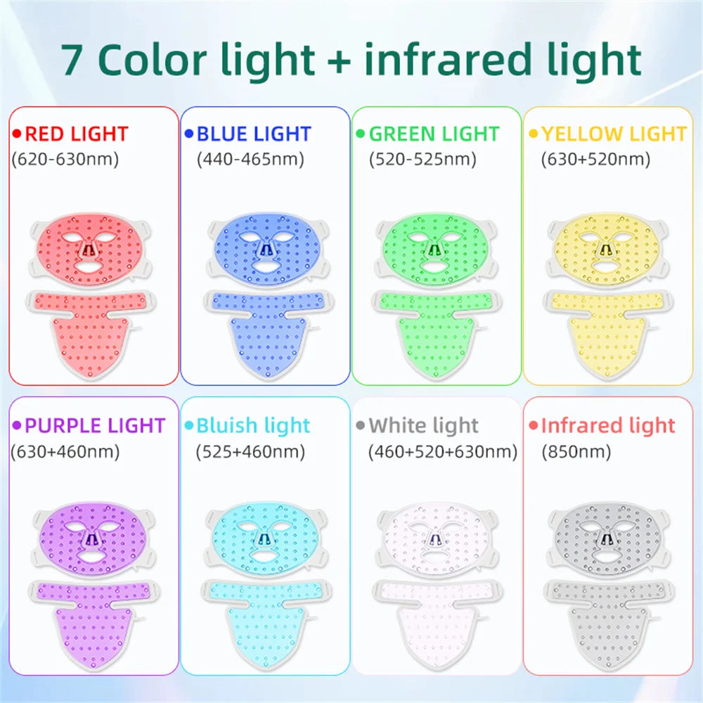 8-color LED light therapy face and neck mask set for anti-aging, wrinkle reduction, and acne treatment.