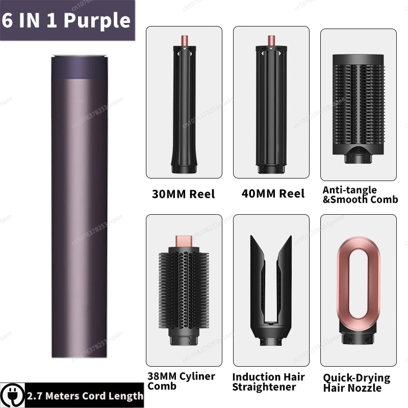 Sencimen X19 purple 6-in-1 hair styler set with curling barrels, smoothing combs, straightener, and drying nozzle.