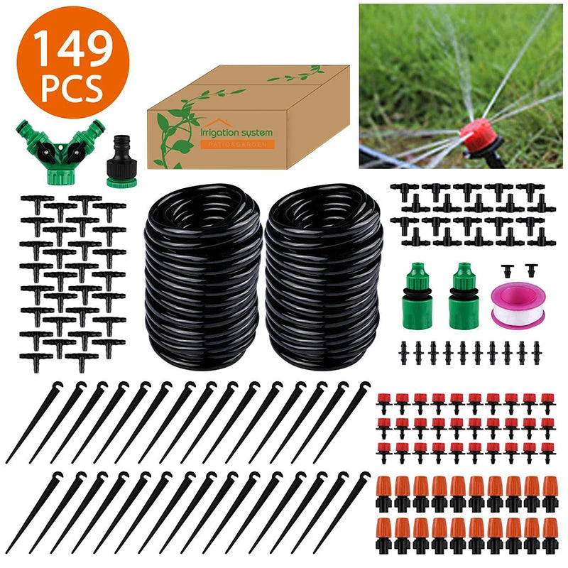 Garden hose drip irrigation kit bundle with black tubing coils, green valves, and red/orange drippers