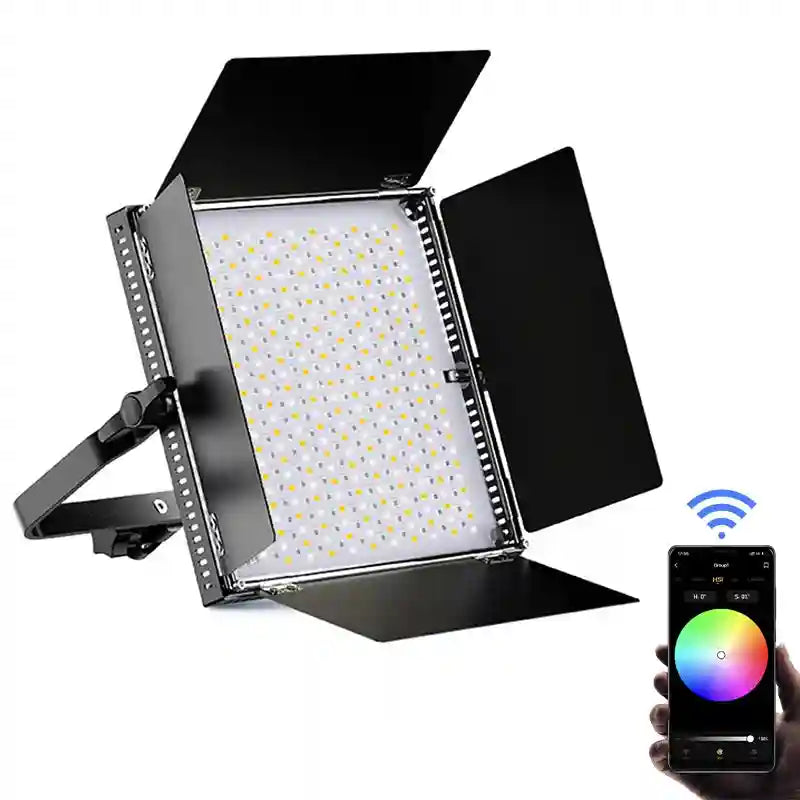LED video light panel with black barn doors, mount, and smartphone app control for professional photography lighting.