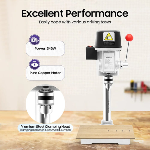 Bench drill press with drill bit lowered on a work surface, black head and red handle
