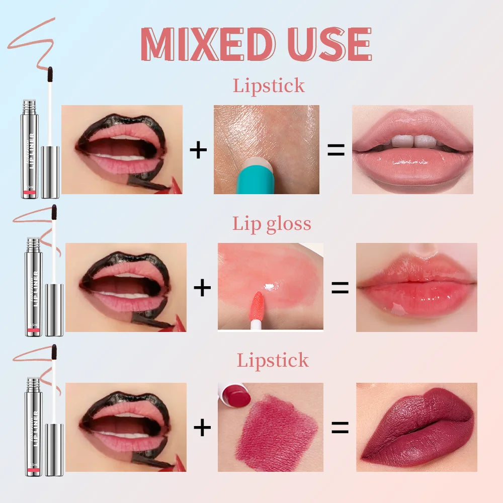 Waterproof peel-off lip liner tattoo for long-lasting matte definition, shown with lipstick and gloss for mixed use.