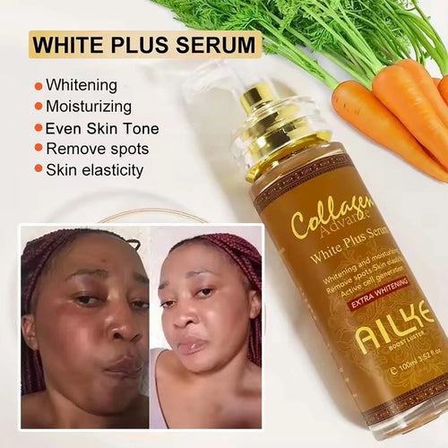AILKE whitening serum bottle with gold pump beside carrots and green herbs