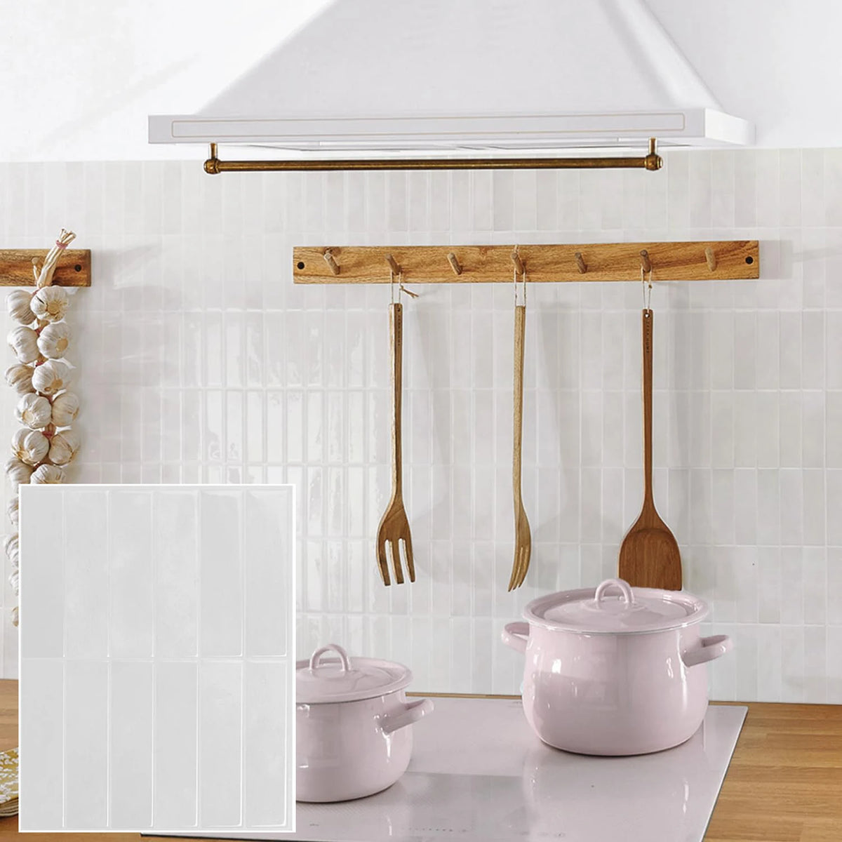 White peel-and-stick backsplash tile sheet with smooth subway tile pattern, laid near kitchen sink
