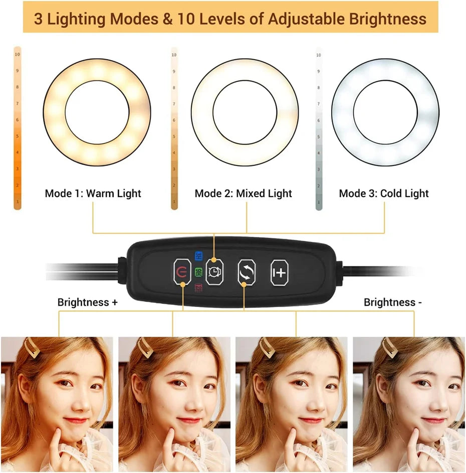 Ring light with three color modes, ten brightness levels, and a wired control panel for photography and video lighting.