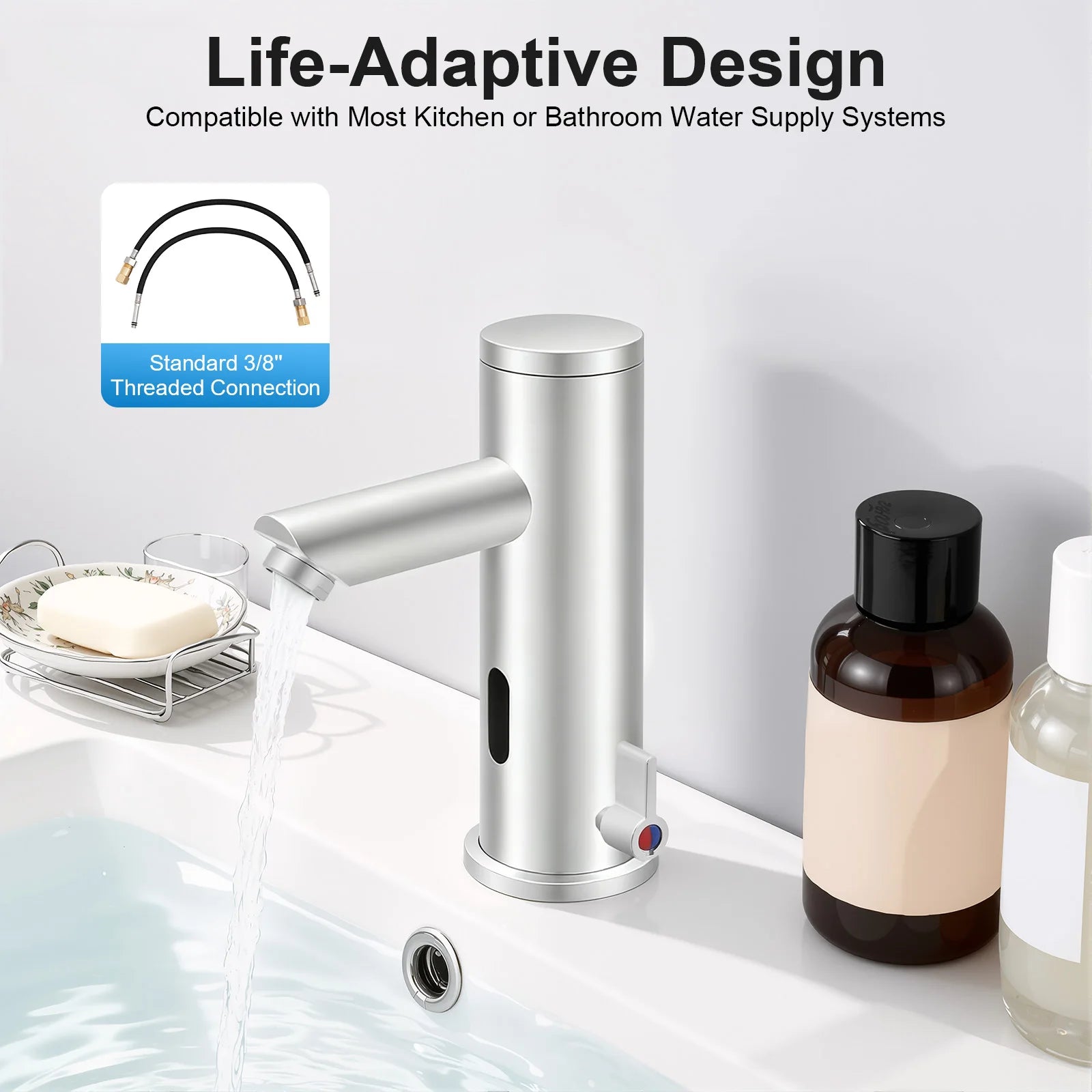 Compact Hot Cold Touchless Sensor Faucet, 304 Stainless Steel Automatic Infrared Sensor Tap, DC 6V Power Supply, Water Temperature Range 0–55°C , for Bathroom Sink, Hotel, Hospital, Office