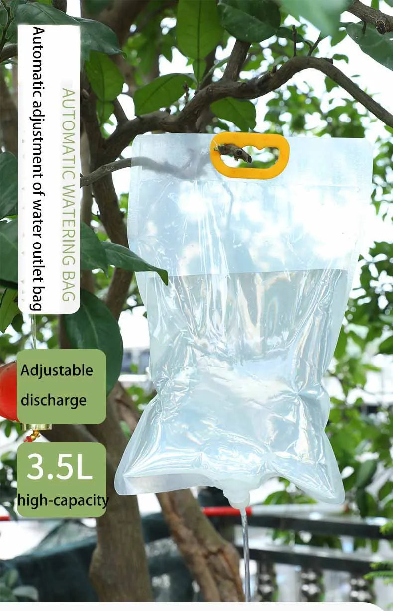 Hanging automatic plant watering bag with yellow handle and white drip outlet tube
