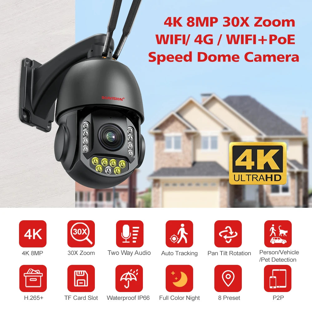 4K 8MP Surveillance Camera WIFI / 4G SIM Card / POE 30X Zoom PTZ AI Humanoid Tracking IR 100M Outdoor Speed Dome Security Camera