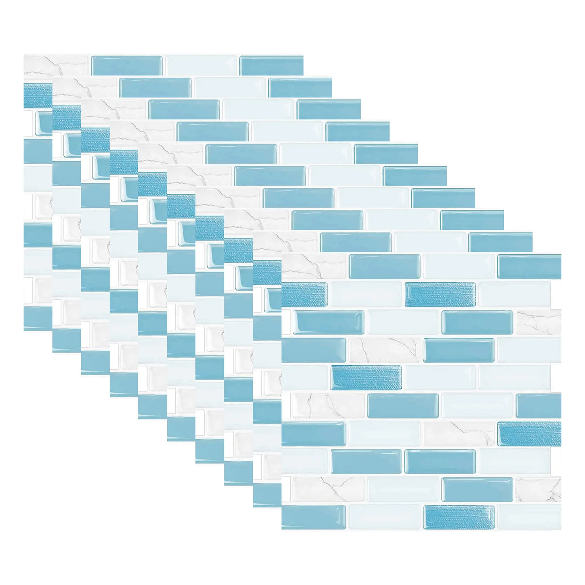 3D mosaic tile sticker set, light blue and white brick pattern, self-adhesive 10x10cm tiles