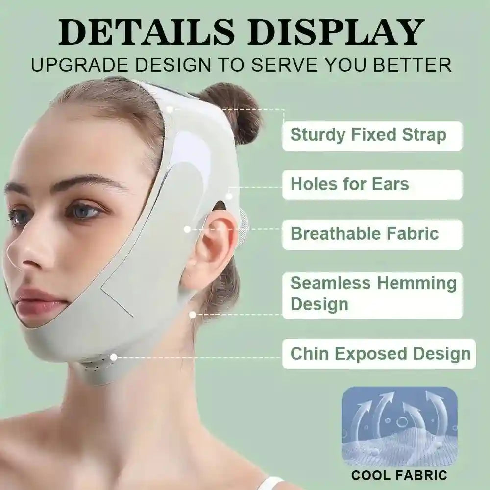 A woman wears a pale green V-line face slimming bandage featuring ear cutouts and breathable fabric.