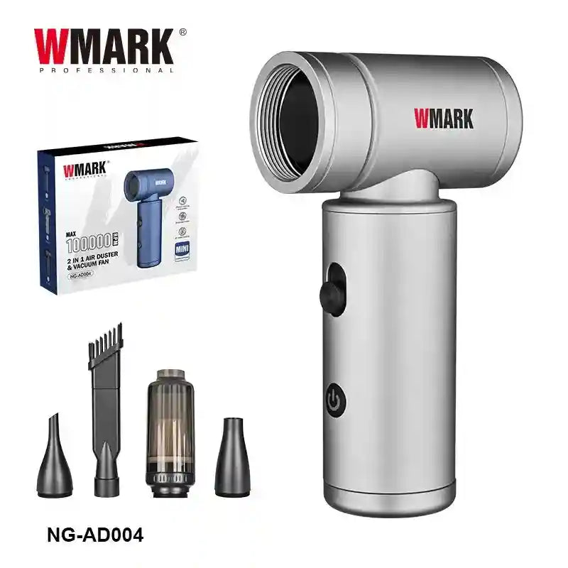 WMARK NG-AD004 silver cordless vacuum and air duster with nozzles for professional hair tool and device cleaning.