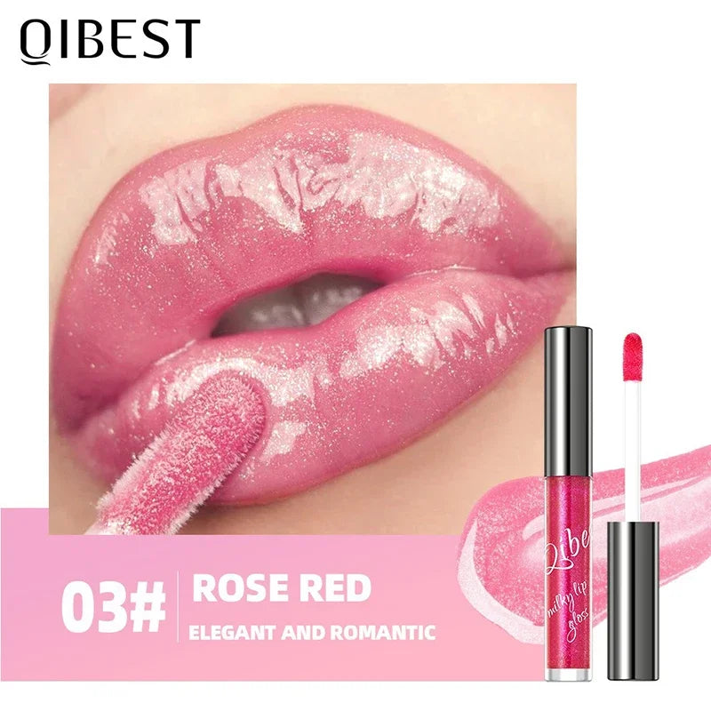 Rose red shimmering plumping lip gloss with a glassy jelly shine and gold sparkle finish on applied lips.