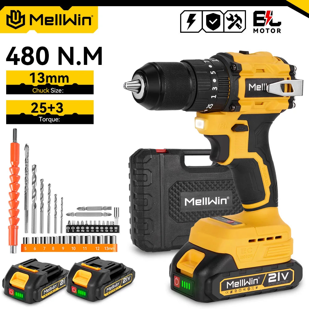 MELLWIN 480N.M Brushless Electric Impact Drill 3IN1 Handheld Electric Flat Drill Screwdriver For Makita 18V Battery Pin