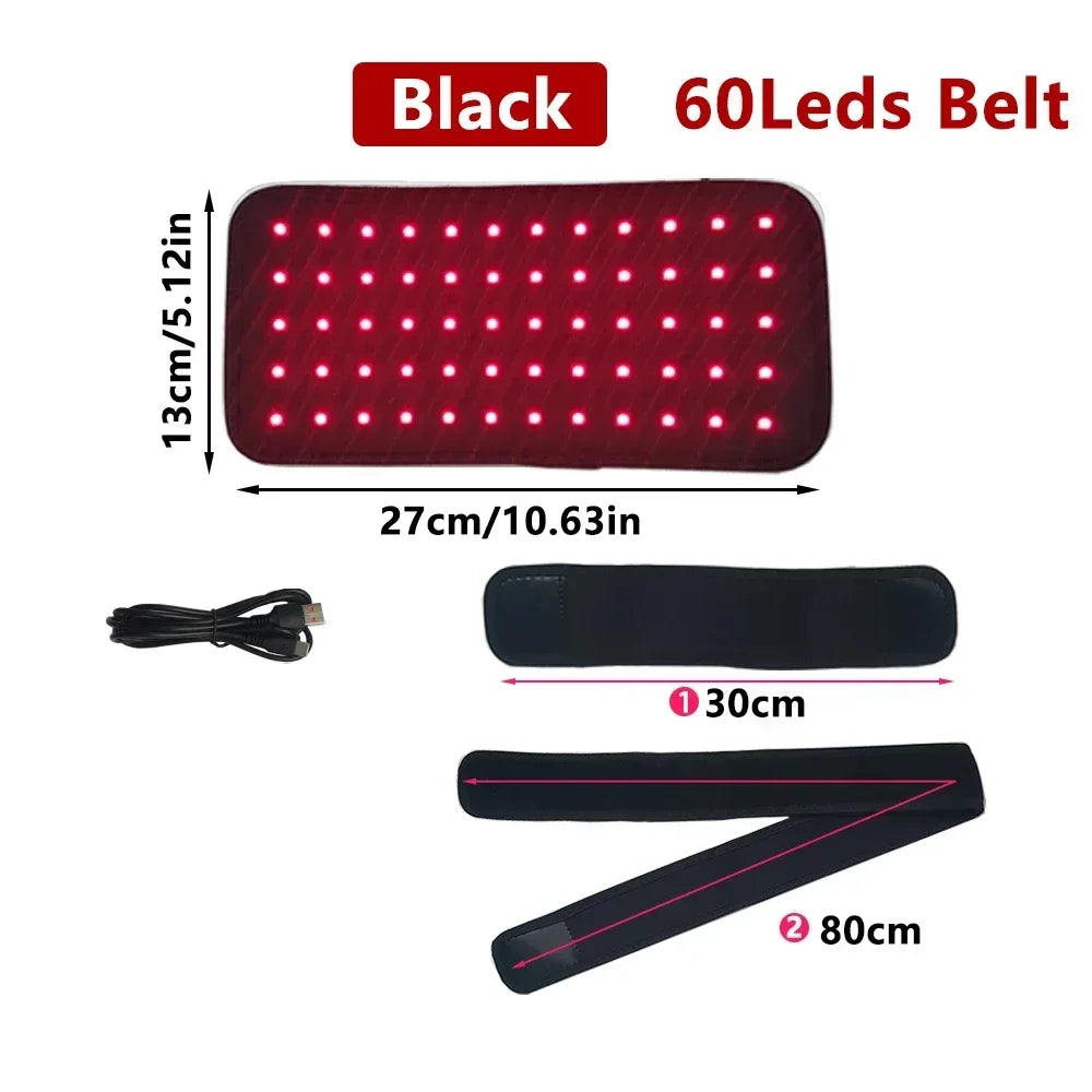 Black 60 LED infrared light therapy belt with 660nm and 850nm pads for pain relief and body slimming with cables.