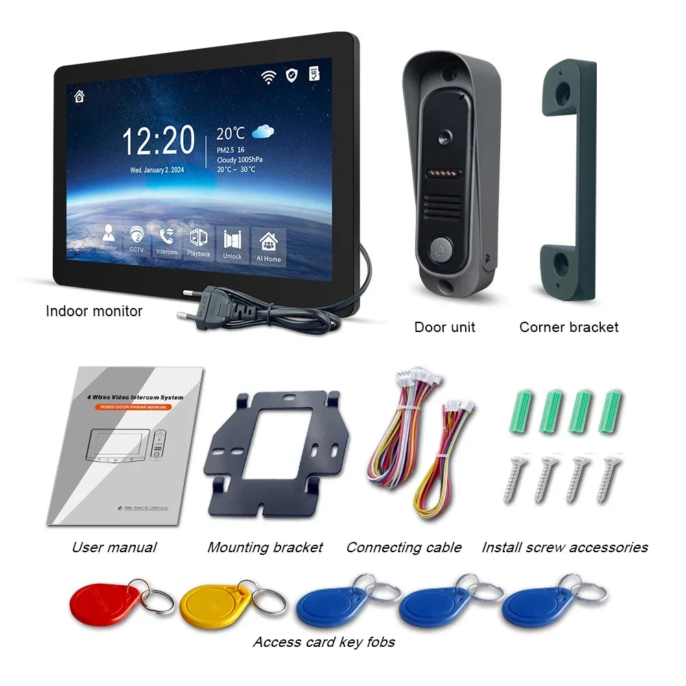Tuya Wireless IPS 10 " touch screen 1080P camera video intercom kit, with mobile detection, ID access control unlocking,