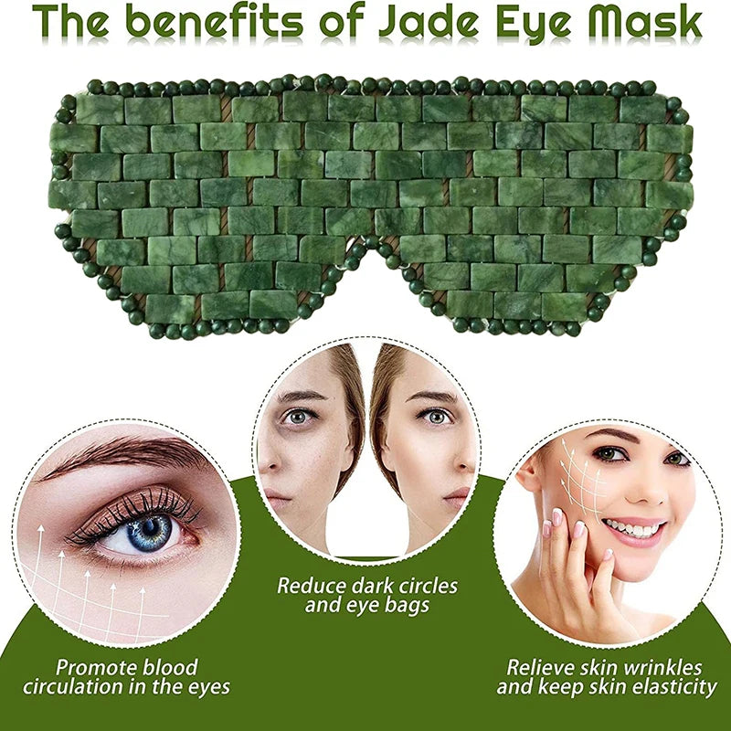 Natural green jade stone eye mask for cooling massage, anti-aging, reducing puffiness, and skin relaxation therapy.