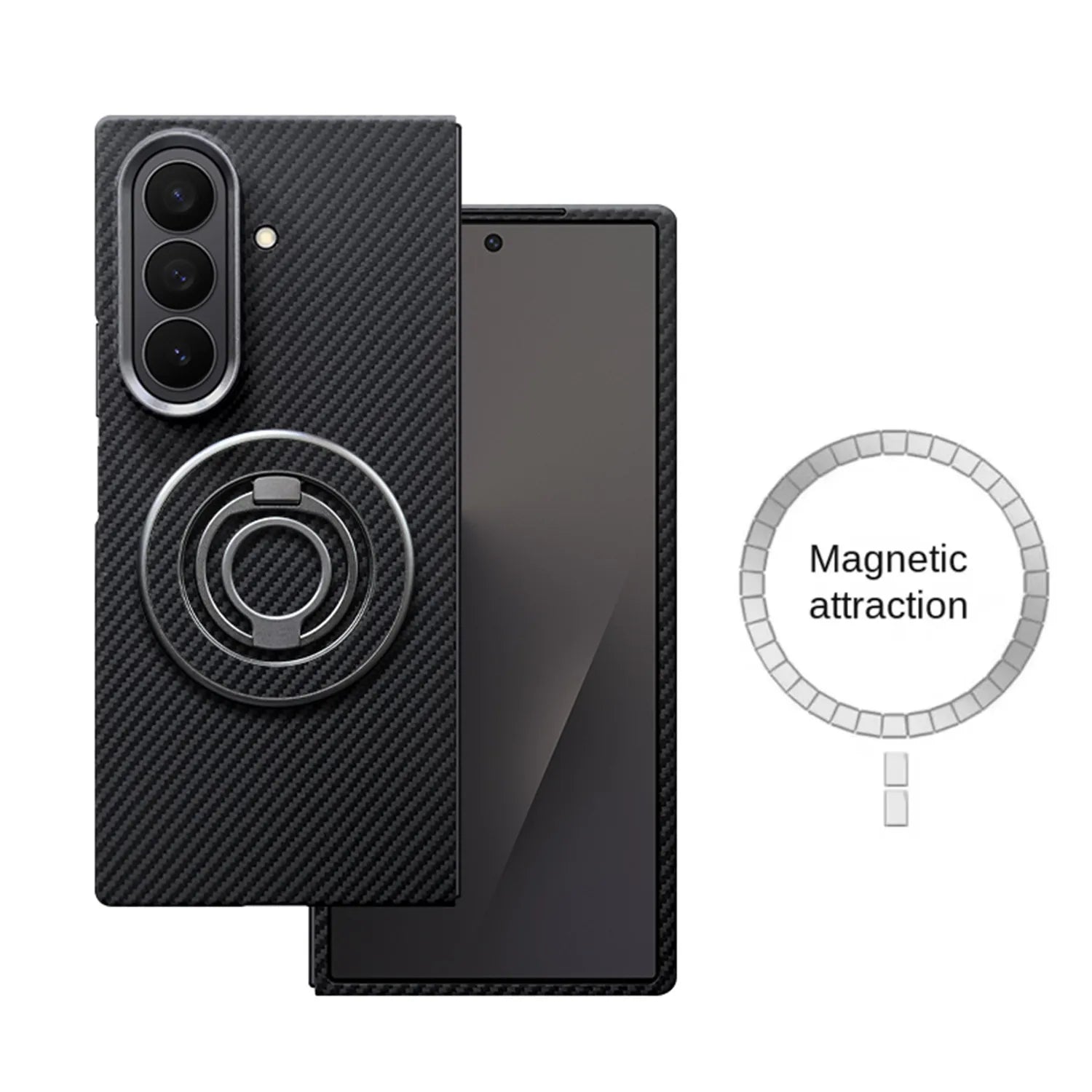 Black carbon fiber textured phone case for Samsung Galaxy with a built-in magnetic ring holder and stand.