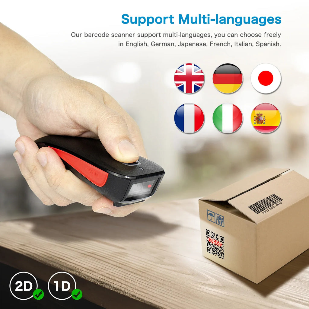 Handheld black 2D barcode scanner with red accent, scanning box label