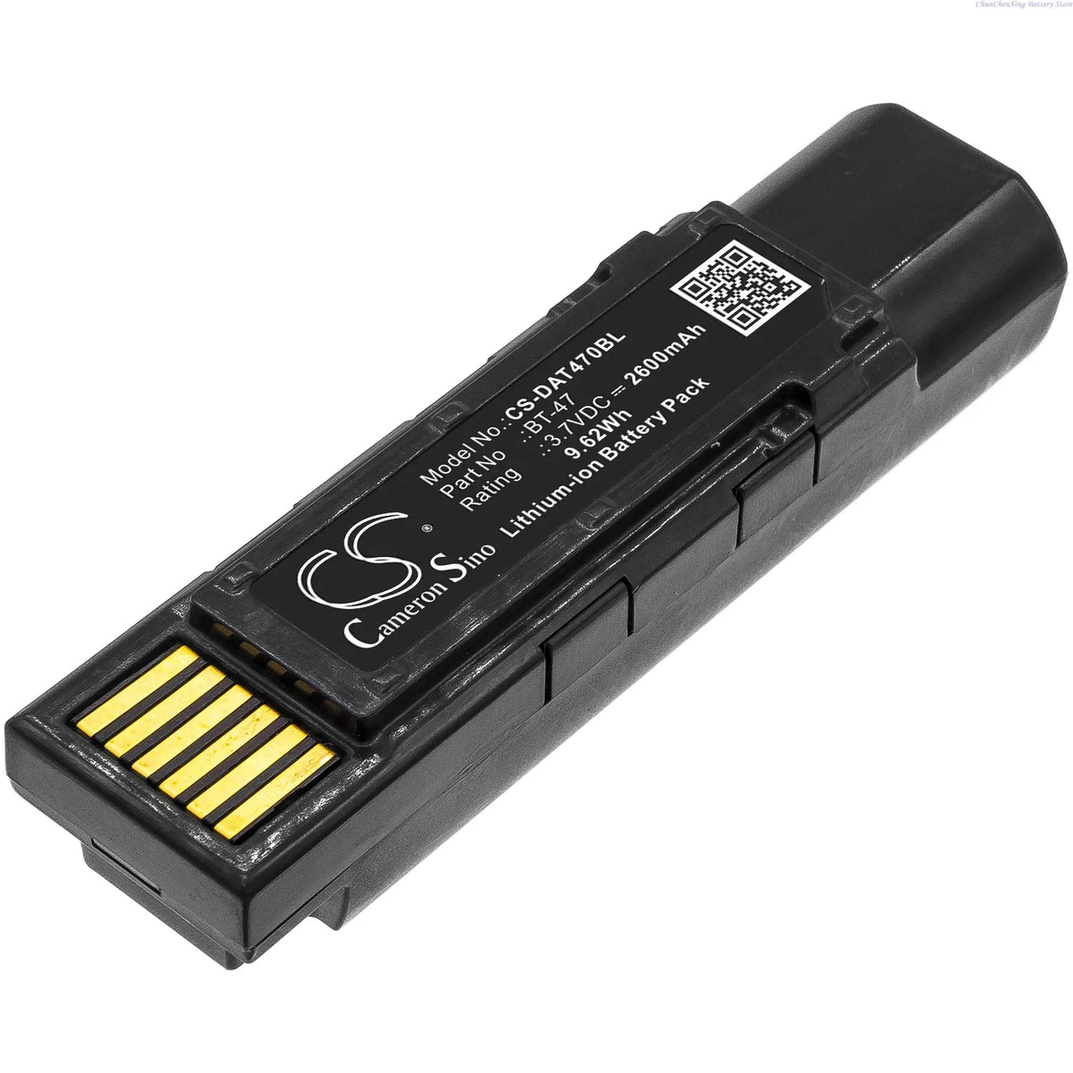 Black barcode scanner battery pack with label, gold contact strip, and connector end
