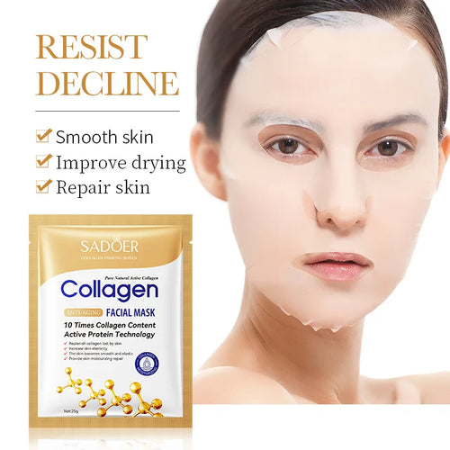 Collagen face mask sheet with face coverage and gold pouch