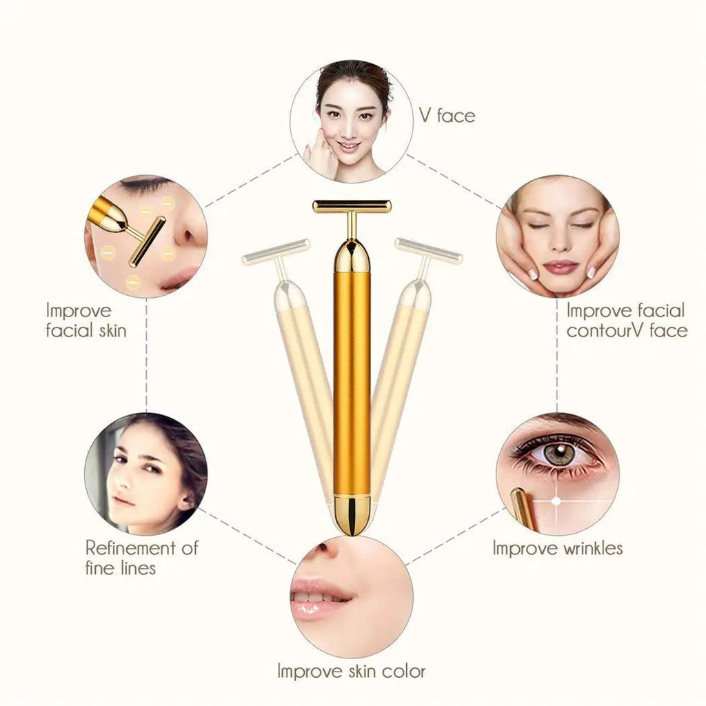 Gold T-shaped electric beauty bar surrounded by diagrams showing facial application for skin benefits.