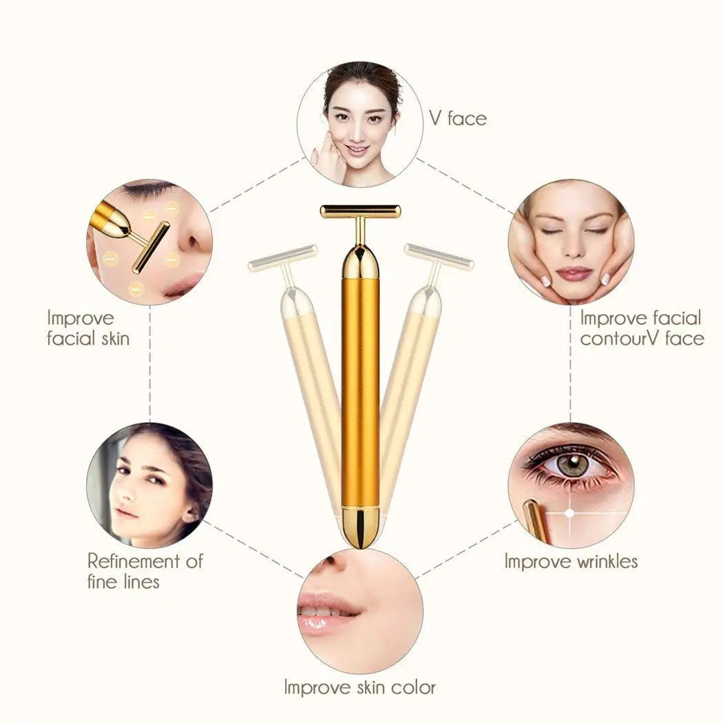 Gold T-shaped electric beauty bar surrounded by diagrams showing facial application for skin benefits.