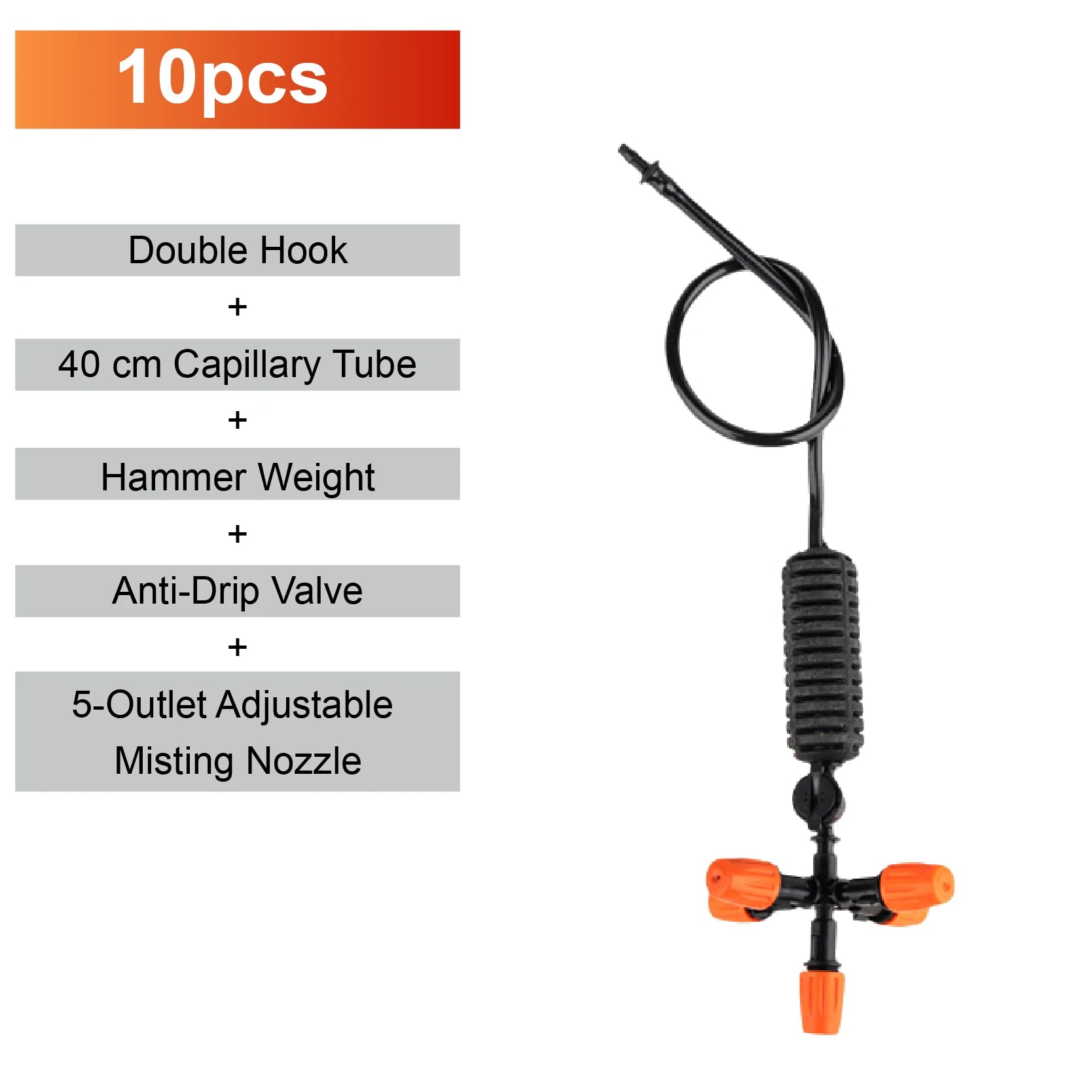 Hanging adjustable misting micro sprinkler with black tube, double hook, and 5-outlet head