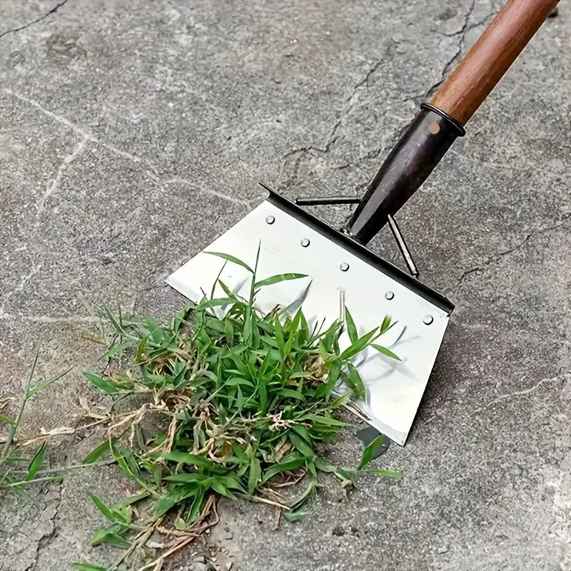 Metal weeding and edging shovel with silver blade and wood handle, weeding between paving slabs