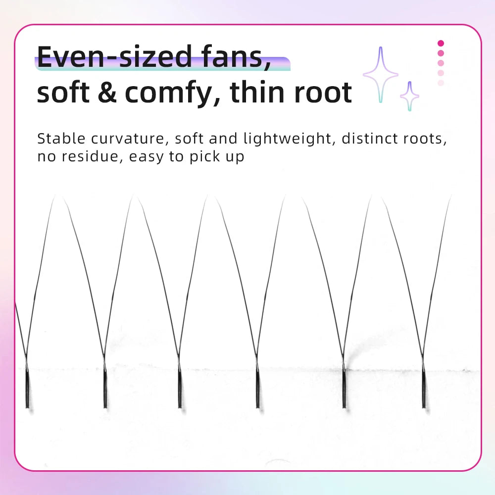 Dark brown 2D Y-lash extensions with ultra-thin, distinct roots and even-sized fans for a lightweight, soft finish.