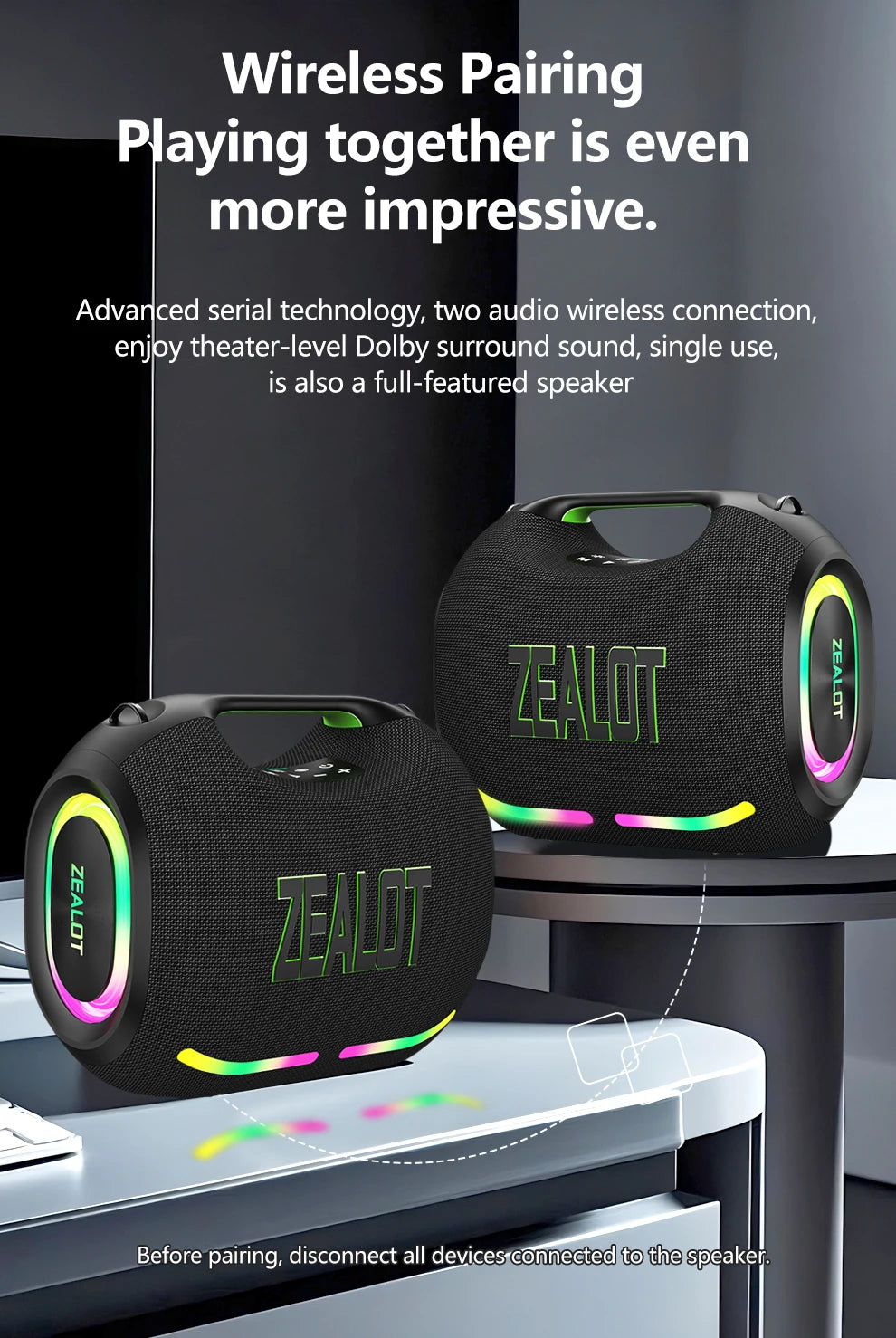ZEALOT-ZE01 300W Big Power Wireless Speaker TWS Subwoofer Bluetooth Speaker High Volume Waterproof Portable Mobile Power HIFI Sound Qual Ultra-Long Battery Life