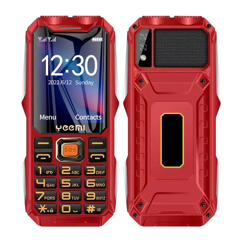 Red YEEMI Q8 2G rugged mobile phone showing front display with large buttons and back view with loud speaker.